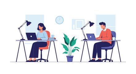 Fototapeta premium Two people working together at desks with laptops in a modern office environment with plants and clocks indicating a productive workday atmosphere