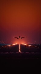 Airplane descends onto runway at dusk, runway lights illuminate the path in a hazy, reddish-orange sky