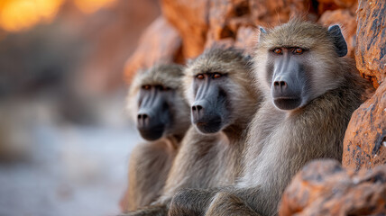 Three baboons sitting on rocks in a desert landscape.