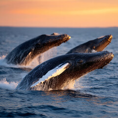 Obraz premium Humpback whales breaching at sunset in the ocean.