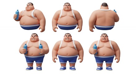 Cartoon illustration of a man with water bottle various poses