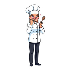 Oh no, it's Terrible! A female chef, adorned in her professional attire, recoils in a moment of surprise while holding a wooden spoon, an image that can be associated with the art of cooking.