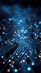 Obraz premium Close-up of a circuit board with glowing blue and orange nodes, showcasing intricate pathways and connections in a dark setting