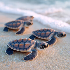 Naklejka premium Baby sea turtles crawling on sandy beach toward the ocean.