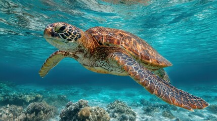 Fototapeta premium Colorful sea turtle swims gracefully over coral reef in tropical waters