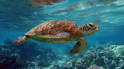 Fototapeta premium Sea turtle gracefully swims through clear ocean waters over colorful coral reef