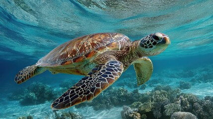Fototapeta premium Green sea turtle gracefully swimming above coral reefs in clear tropical waters