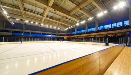 Indoor ice skating rink with spectator seating.