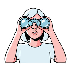 Discovery Through the Lens: A modern woman peers intently through binoculars, her gaze fixed on a point of interest. A stylized, clean illustration that sparks curiosity and exploration.