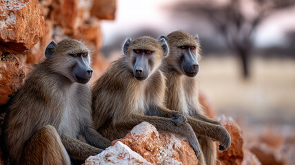 Three baboons sitting on rocks in a savannah landscape.