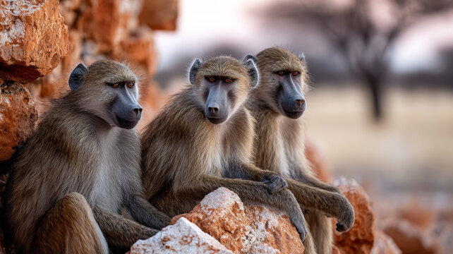 Three baboons sitting on rocks in a savannah landscape.