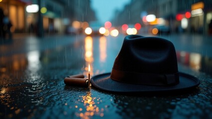 Dark fedora hat and cigarette butt on wet city street at night