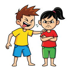Cartoon Mischief: Playful cartoon of a boy teasing a girl. The boy sticks out his tongue and grabs her shoulder while the girl reacts with an angry expression.