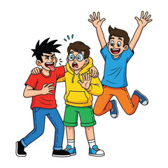 Playful Companions:  A cheerful illustration of three young companions engaged in a moment of camaraderie and shared amusement, with vibrant colors and expressive details.