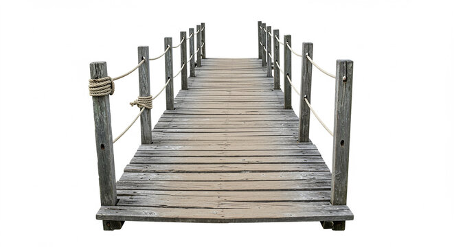 An elevated wooden walkway extends towards the horizon, featuring weathered planks and sturdy posts connected by ropes, creating a path for exploration and travel.