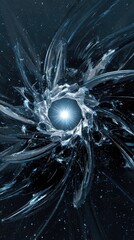 A swirling, luminous vortex of icy blue shards emanates a bright central light against a dark, speckled background