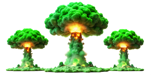 Three green mushroom cloud nuclear explosions with bright light on background isolated on a transparent background