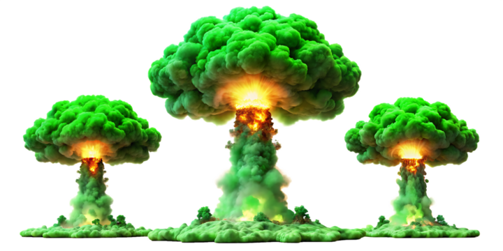 Three green mushroom cloud nuclear explosions with bright light on background isolated on a transparent background