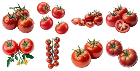 Fresh red tomatoes with green stems and yellow flowers