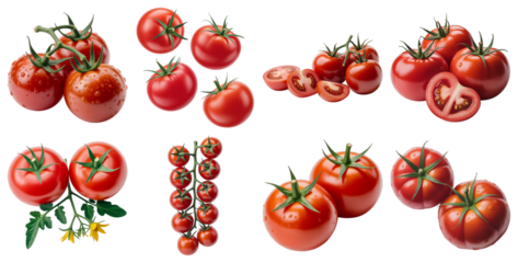 Fresh red tomatoes with green stems and yellow flowers