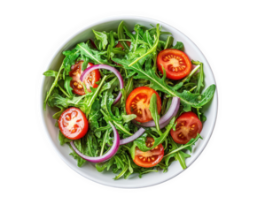Fresh rocket and cherry tomato salad with red onion slices isolated on transparent background