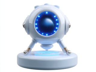 Futuristic blue robot display with circular led lights and tripod stand