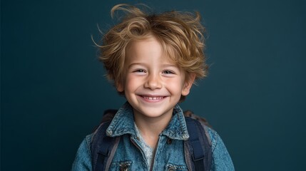 Joyful young kid expressing happiness while dressed in denim and ready for school