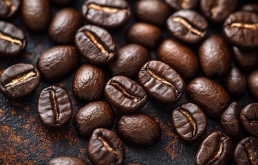 Obraz premium Close-up of roasted coffee beans scattered on a textured, dark brown surface, showcasing details and light
