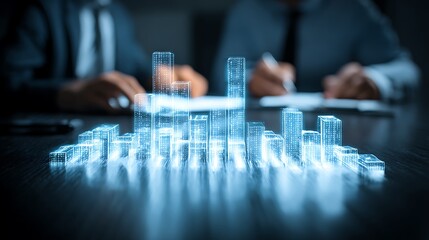 Businessmen reviewing a holographic city model on a table in a meeting with suits and ties on