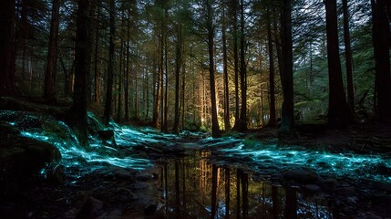 A forest scene with glowing blue water running through it and reflecting the trees above it in the water