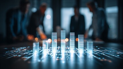 A glowing bar graph display with people in the background in a dimly lit meeting room setting