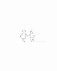 Continuous Single Line Drawing of Toddler Girl and Boy Running Holding Hands, Minimalist Vector Line Art Illustration
