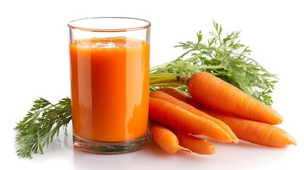 A glass of carrot juice with fresh carrots and green leaves on a white surface in studio lighting