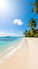Serene tropical escape to a remote island paradise with white sandy shores and crystal clear turquoise ocean under a blue sky