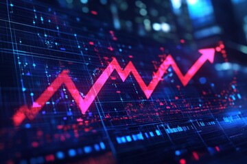 A vibrant digital display shows a glowing red arrow trending upwards over a blurred cityscape with data