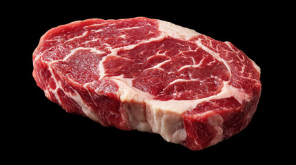 A close up shot of a raw ribeye steak with marbling on a black background ready for cooking