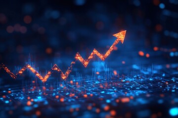 Glowing upward trend arrow over blue data points, signifying growth and progress in a dark, abstract background