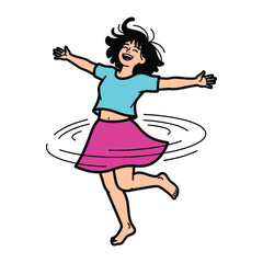 Joyful whirl: A cheerful young woman spins with joyful abandon, arms outstretched, embracing a moment of pure happiness and playful energy.