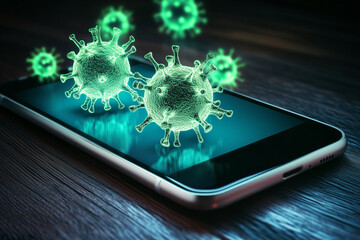 Conceptual illustration of a mobile phone infected with a malicious computer virus or malware, symbolizing the threat of a digital pandemic and cybersecurity risks