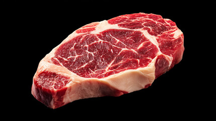 A raw ribeye steak with visible marbling and fat on a black background in a studio setting