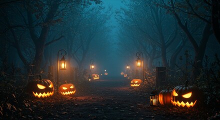 Spooky forest with fog, glowing pumpkins and lanterns lighting the path, Halloween horror vibe