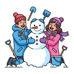 Winter Wonderland: Two friends craft a cheerful snowman in a snowy wonderland. A delightful scene depicting joy and friendship in winter, captured in an engaging illustration.
