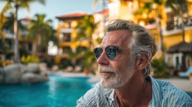 Elderly man enjoying a serene moment by the poolside at a tropical resort in the afternoon