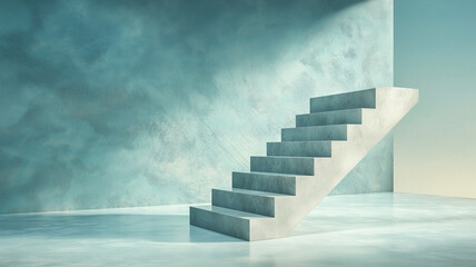 Minimalist concrete staircase with textured blue wall and smooth floor in modern architectural space, evoking calm and simplicity in design