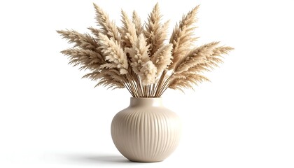 A beige vase filled with pampas grass