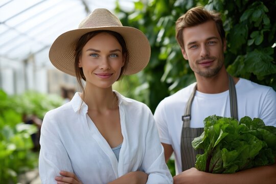 Young caucasian couple in greenhouse with fresh vegetables and gardening tools