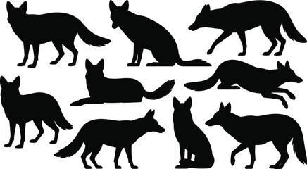 Fox silhouette vector set featuring eight dynamic poses including running, sitting, standing, and lying—ideal for wildlife and nature designs