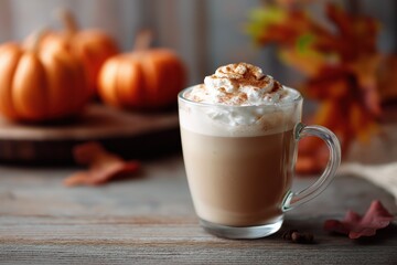 Autumn pumpkin spice latte with whipped cream and cinnamon in cozy setting