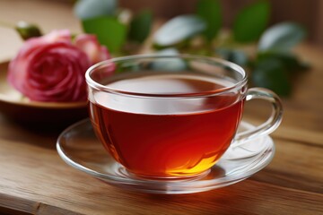 Elegant glass cup of tea with rose on wooden table setting