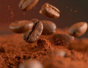 Coffee beans falling into ground coffee